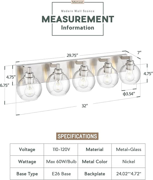 METWET Bathroom Light Fixtures, 5 Light Brushed Nickel Vanity Light, 32 Inch Modern Wall Sconces with Globe Clear Glass Shade, Vanity Lighting Fixtures Over Mirror, VL195-BN-CL-5