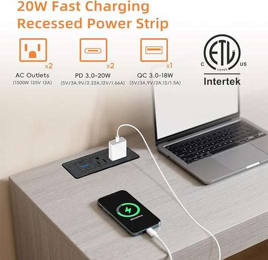 Recessed Power Strip USB, 20W Fast Charging Furniture Outlet - 2 AC & 3 USB (2 USB-C + 1 USB-A) for Desk, Bedside, Drawer, Conference Table - Space-Saving, Easy Install, 6FT Cord, Black