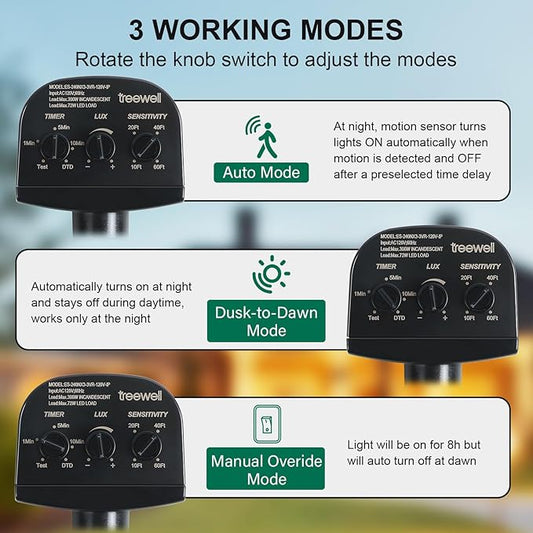 TREEWELL 2 Pack 240-Degree Replacement Motion Sensor, Adjustable LUX(5-300) & Time & Detection Sensitivity Up to 60 Feet Range, 3 Working Modes Outdoor Motion Detector for Security Floodlight, Black