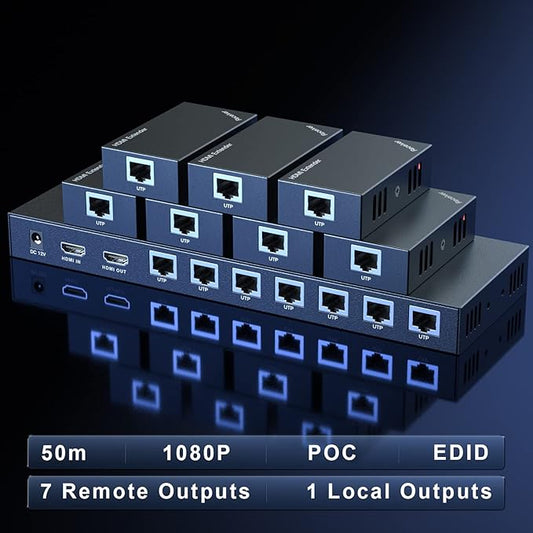 HDMI Extender Splitter 1x7 1080P@60Hz Over Cat 5E/6/7 Ethernet Cable 50m (164ft) Support HDMI loopout EDID Copy POC Function (1 in 7 Out), Monitor