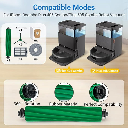 Bluevisk Plus 405 Combo Replacement Parts for Roomba Plus 405 Combo Plus 505/ 507Combo Robot Vacuum Cleaner Parts with 2 Roller Brush, 4 HEAP, 6 Mops, 6 Dust Bags, 6 Side Brushes, 1 Clean Brush