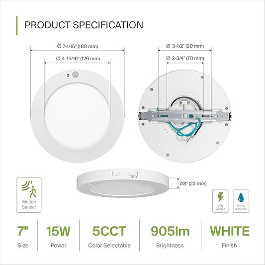 ASD LED 7" Round Flush Mount Ceiling Light Fixture, Low Profile Surface Lighting | 5CCT, Motion Sensored, Ultra-Thin, ETL Listed | 15W 900LM 2700-6000K 120V | Kitchen, Bedroom, Hallway Lamp | White