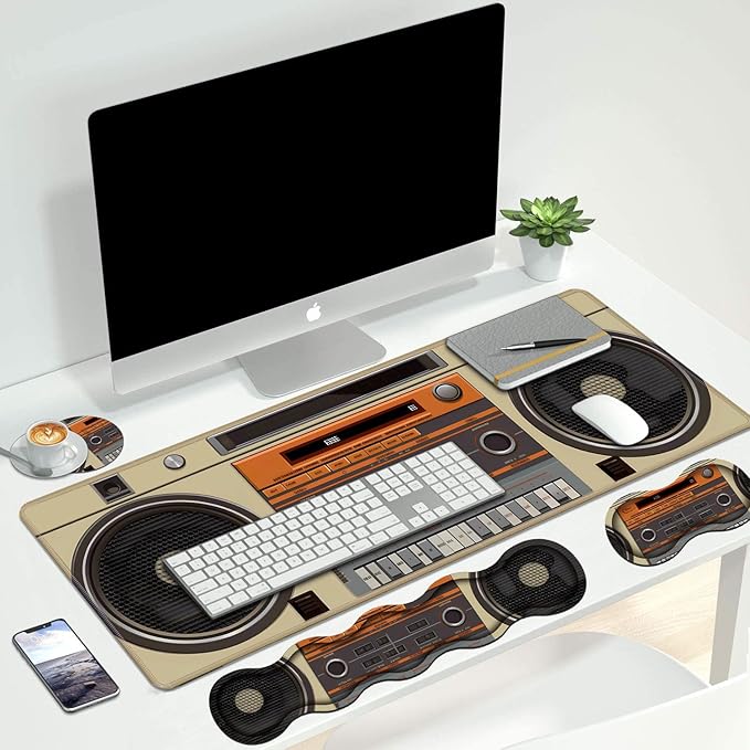 4 in 1 Ergonomic Keyboard Wrist Rest & Mouse Pad Wrist Rest Set, Large XXL Gaming Desk Mat 31.5"x 11.8" with Non-Slip Base, Memory Foam for Home Office Study Gaming, Retro Tape Recorder