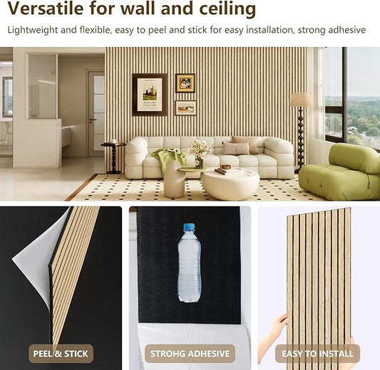 ARMURO Wood Slat Wall Panel 2 PCS - Extra-Long Wood Wall Panels for Soundproof Home & Office, Easy Peel and Stick Acoustic Panels for Noise Cancelling (Oak 11.8"W x 94.5"L)