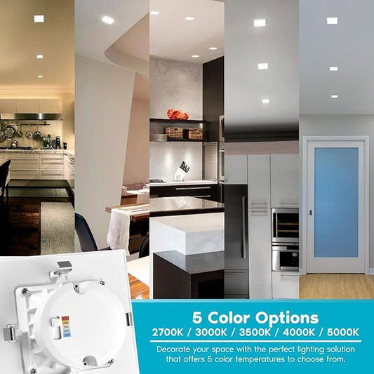 LUXRITE 4 Inch Square Recessed LED Can Lights, CCT Color Temperature Selectable 2700K | 3000K | 3500K | 4000K | 5000K, Dimmable Recessed Lights, 750 Lumens, CRI 90, Energy Star, Wet Rated (4 Pack)