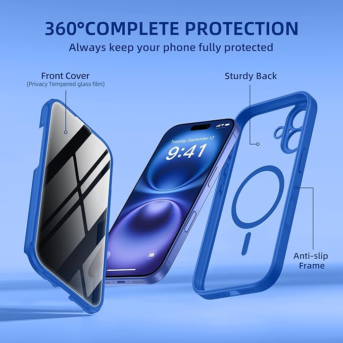 BERFY Magnetic for iPhone 16 Plus Case, Compatible with MagSafe, Built-in Privacy Screen Protector and Upgraded Camera Protection, Anti-Spy Full Body Shockproof Phone Case for 16 Plus 6.7", Klein Blue