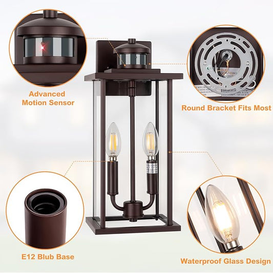 SIAFAVOI Motion Sensor Outdoor Wall Lights, 16" Waterproof Large Exterior Sconce, Compatible with E12 Base Bulbs, Modern Porch Entryway Lamp for Patio, Front Door Garage (Oil Rubbed Bronze, 2 Pack)