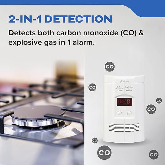 Kidde Carbon Monoxide Detector, Propane, Natural, Methane, & Explosive Gas Alarm, Plug-in Wall with 9-Volt Battery Backup, Digital LED Display