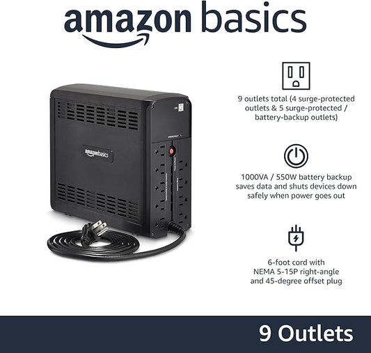 Amazon Basics UPS Battery Backup & Surge Protector 1000VA/550W, 9 Outlets, Line Interactive Uninterruptible Power Supply, for Power Outage Protection, Black