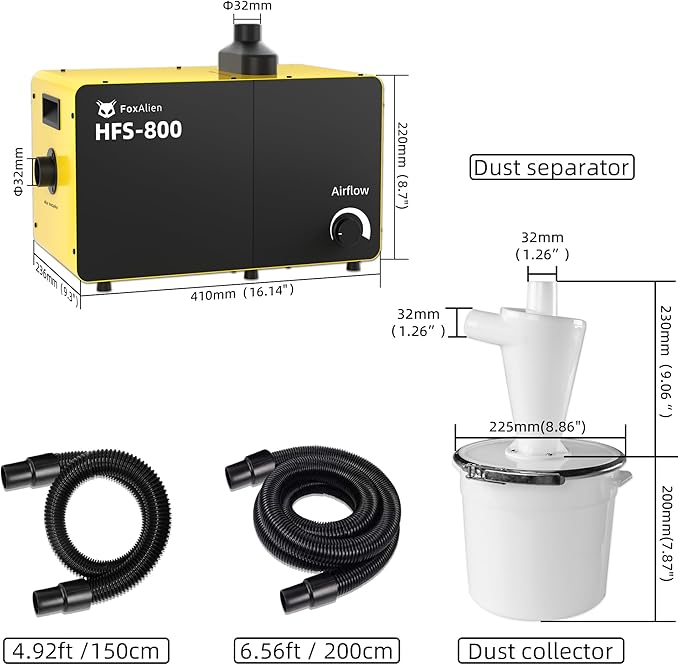 FoxAlien 800W Desktop Dust Collector HFS-800 with Cyclone Dust Separator for CNC Cutting Woodworking, Air Filtration System with HEPA and Carbon Filter, Airflow Adjustable(110V)