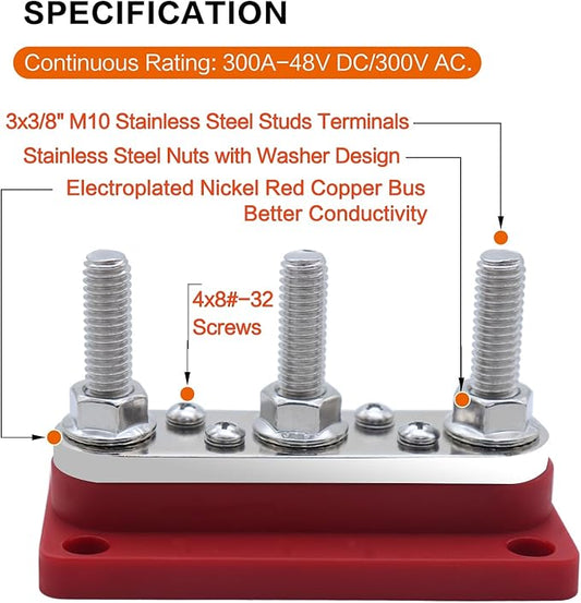 AMOMD 300A Bus Bar 3 Terminal Studs (3/8 inch) M10 4x8#-32 Screws Nickel Plated Copper Distribution Block Negative Electrical Buss Bars 12-48 V DC with Cover for Trailer Marine Boat Car RV (Red)