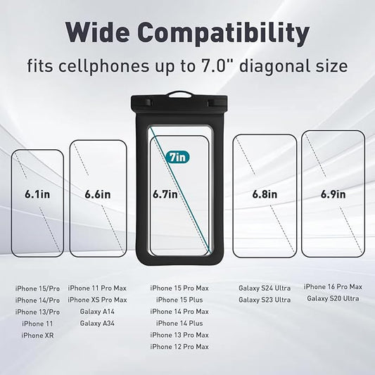 Floatable Waterproof Phone Pouch/Case with Crossbody Lanyard for iPhone 16 Pro Max/15 Pro/14/13/12, IP68 Cellphone Dry Bag Beach Cruise Ship Essentials, 1 Pack-Black-7″