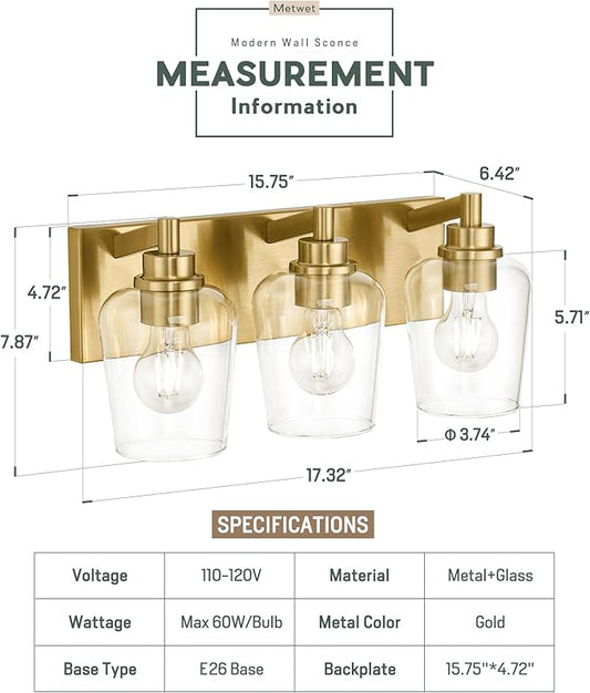 METWET Bathroom Light Fixtures, 3-Light Modern Vanity Light with Clear Glass Wine Glass-Shaped Shade, Vanity Lighting Fixtures Over Mirror, Brushed Gold, VL155-BG-3