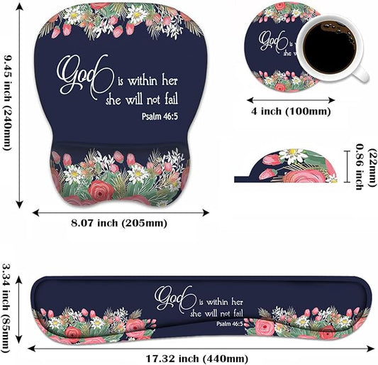 Ergonomic Mouse Pad Wrist Support and Keyboard Wrist Rest Set with Coasters, Non-Slip PU Base, Easy Typing & Pain Relief, Perfect for Home Office Working Studying, Floral Quote Bible Verse Psalm 46:5