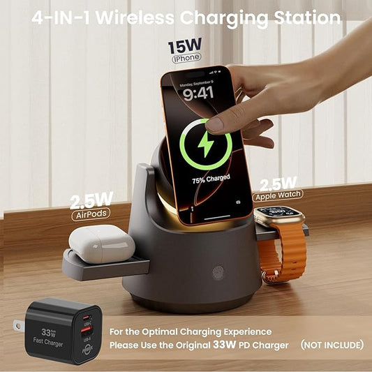 3 in 1 Wireless Charging Station for Apple Devices, PDMAX Qi Mag-Safe Charger Stand & RGB Light, Fast Charging Station for iPhone 17 PRO MAX,16,15 Series&iWatch&Air Pods- Gray(No Adapter)