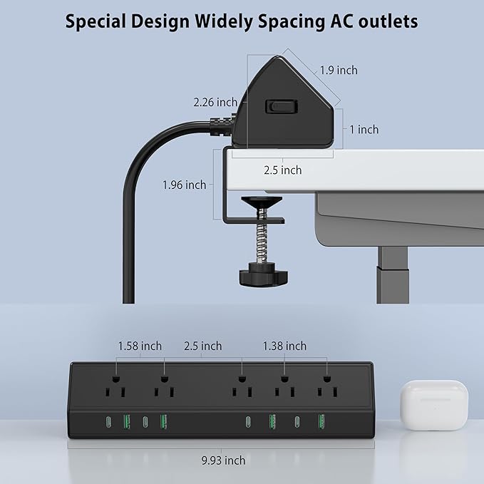 Jgstkcity Desk Clamp Power Strip,45W Fast Charging Station,4 USB-C,4 USB-A,Desk Mount Surge Protector,1875W Extension Cord with Multiple Outlets,ETL Listed,for Home Office Dorm Room