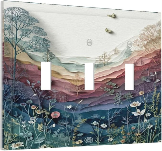 Bvtewkhz Wildflowers Rustic Flowers Floral Plants 3 Gang Triple Toggle Wall Plate Cover Vintage Mountain Decorative Light Switch Covers Electrical Faceplate Switch Plates for Bathroom Kitchen Home
