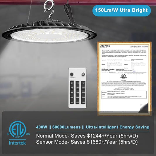 Lightdot 400W Smart High Bay LED Lights 60000LM UFO Lights with Controller (Supports Normal Mode & Motion Sensor Mode) ETL-Listed Plug and Play for 30-50FT Height Warehouse-4Pack (6Yrs Warranty)