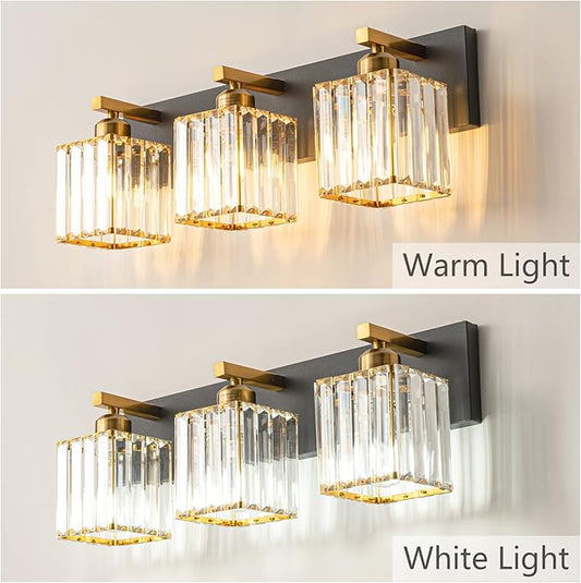 FDPBY Modern Bathroom Vanity Light 3-Lights Black Gold Crystal Bathroom Wall Light Vanity Light Fixtures,20.47-inch Modern Minimalist Design
