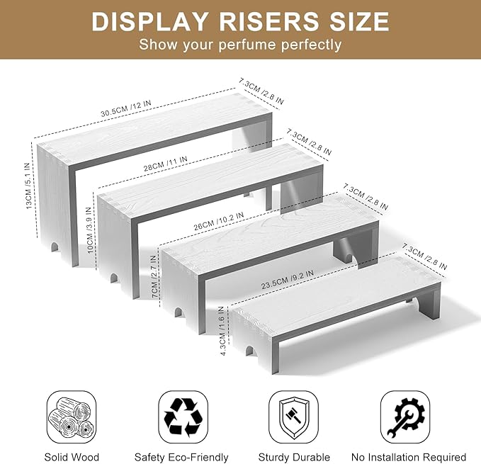 4 Set Large White Wooden Tiered Riser Display Stands for Vendor Events,Stackable Wooden Cupcake Stand,Farmhouse Decor Wood Dessert Table Display Set,Vendor Booth Display Items,Food Display Risers for Party(12-11.2-10.4-9.6IN)