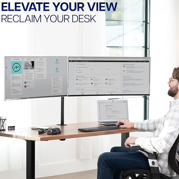 VIVO Dual Ultrawide Monitor Desk Mount, Heavy Duty Fully Adjustable Steel Stand, Holds 2 Computer Screens up to 38 inches and Max 10kg Each, Black, STAND-V038