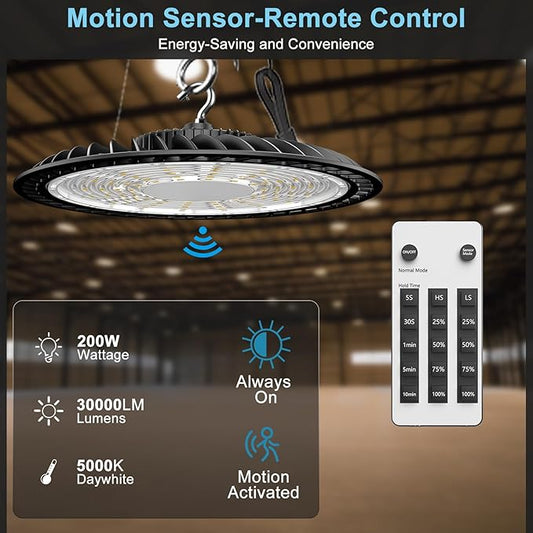 Lightdot Smart 200W UFO LED High Bay Light 30000LM Warehouse Lighting with Control (Supports Normal Mode & Motion Mode) ETL-Listed US Plug for 25-35FT Height Warehouse-6Yrs Warranty-4Pack