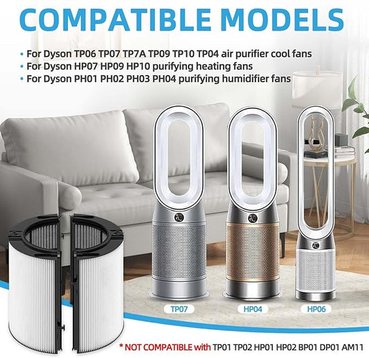 2-in-1 360° Combi Glass Carbon Replacement Filter for Dyson Air Purifier TP06 TP09 TP10 HP07 TP7A HP06 TP07 HP10 PH01 PH02 Pure Cool Hot Fan, Part No. 970341-01, 965432-01