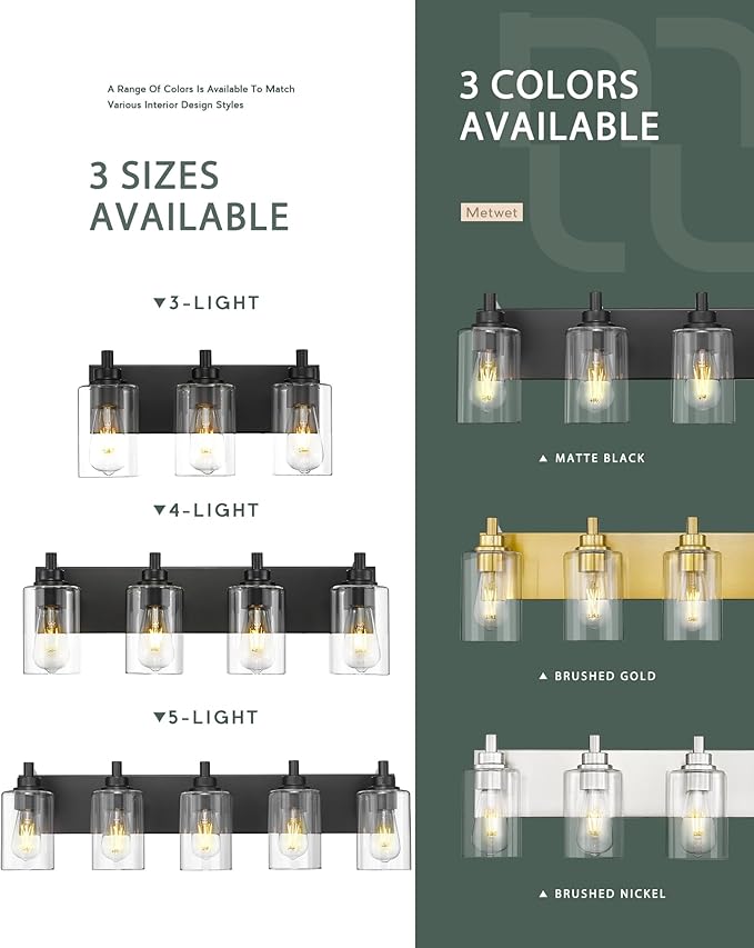 METWET 4-Light Bathroom Light Fixtures, Black Vanity Light with Cylinder Clear Glass Shade, Modern Vanity Lighting Fixtures Over Mirror, VL143-MB-4