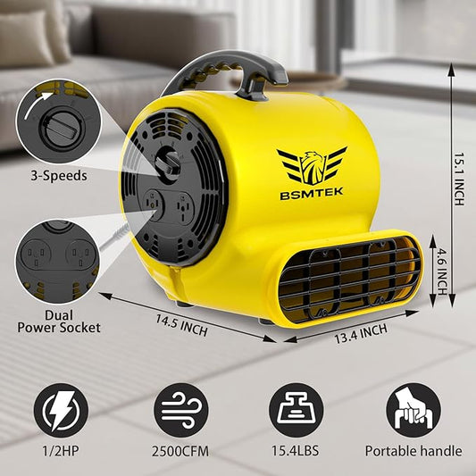 BSMTEK Air Mover Blower Fan, Industrial 1/2HP 2500CFM Monster Floor Blower Carpet Dryers - 3 Speeds, 4 Adjustable Angles, 15FT Long Cord, Stackable - 2026 Upgraded