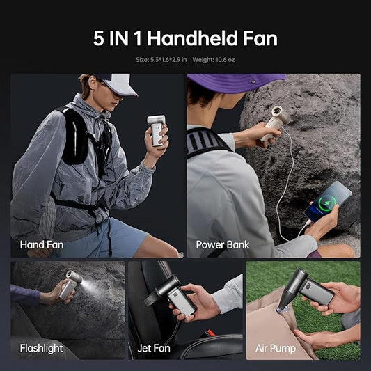 JISULIFE Portable Handheld Fan Ultra2 9000mAh, Max 25 Hrs, 5 IN 1, 100 Speed Turbo Fan, Rechargeable 18W Power Bank with Flashlight, Metal Shell Multi-Function Travel Essentials Gifts for Men-Grey