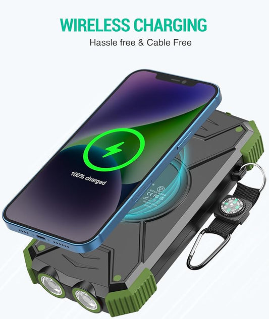 BLAVOR Solar Power Bank 10,000mAh, Portable Wireless Charger, 20W Fast Charging External Battery Pack with USB C for Cell Phones, Solar Panel Charging with Dual Flashlight for Camping