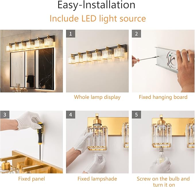 FDPBY Modern Bathroom Vanity Light 6-Lights Black Gold Crystal Bathroom Wall Light Vanity Light Fixtures,44.09-inch Modern Minimalist Design