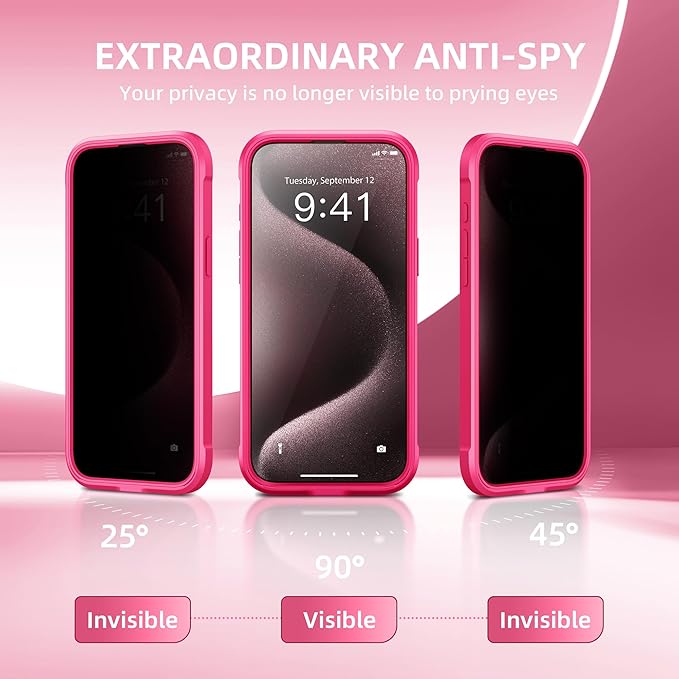 Magnetic for iPhone 15 Pro Case, Compatible with MagSafe, Built-in Privacy Screen Protector and Camera Protection, Anti Spy Full Body Dustproof Shockproof Hard Phone Case 6.1", Hot Pink
