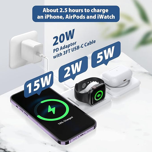 3 in 1 Apple Charging Station for iPhone Airpods iWatch - Travel Charger for Multiple Devices, Portable Foldable Charging Station - Magnetic iPhone Charger with Adaptor&Case (White)