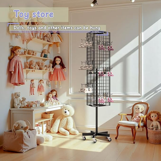 Grid Wall Panels Display Stand - 16”*63.3” Triangular Display Racks with 30 Hooks for Vendor Events , 360° Rotating Art Display Panels Heavy Duty Floor Standing Movable Retail Display Organization