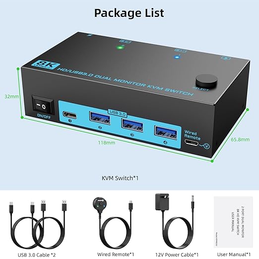 8K Dual Monitor KVM Switch Dual HDMI 2.1 2 Monitors 2 Computers 2 in 2 Out 4 Port USB 3.0 8K@60Hz/4K@120Hz KVM Switches, Wired Desktop Controller & 2 USB 3.0 Cables Included