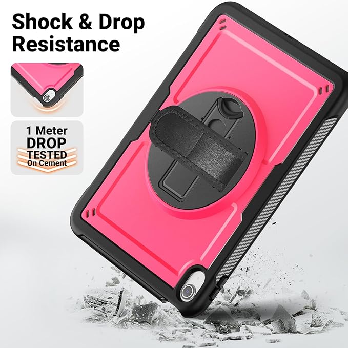 SCSVPN Case for iPad (A16) 11th Generation 11 Inch 2025 / 10th Generation 10.9 Inch 2022, Shockproof Protective Case with Screen Protector, Pencil Holder, Rotating Stand, Hand/Shoulder Strap - Rose