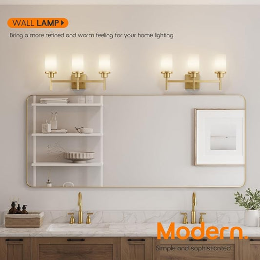 AONEON Bathrom Light Fixtures Modern Gold 3 Vanity Lights Over Mirror, Wall Lamps with White Frosted Glass Shade for Toilet Washroom Bath T001GD-L3