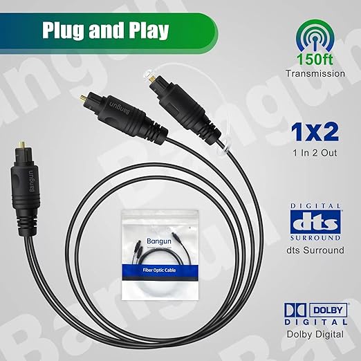 Bangun 1x2 Digital Audio Splitter Cable, Toslink Digital Fiber Optic Audio Splitter 1 Male Input 2 Male Output (for Home Theatre, Xbox, PS5/PS4), 6ft