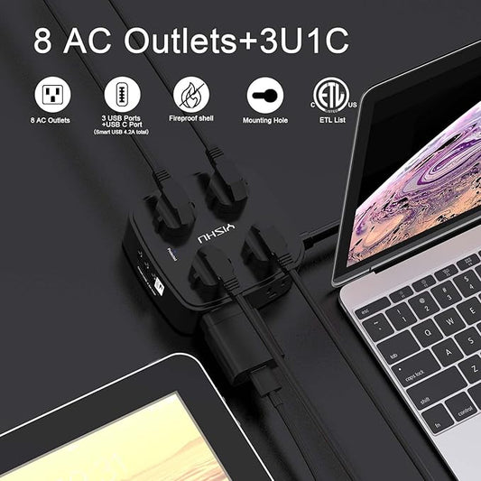 10 Ft Surge Protector Power Strip - 8 Widely Outlets with 4 USB Ports, 3 Side Outlet Extender with 10 Feet Extension Cord, Flat Plug, Wall Mount, Desk USB Charging Station, ETL, Black