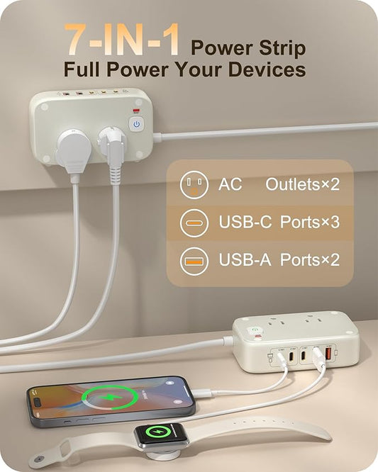 KWRNVO Power Strip with USB Ports 175W GaN 7-in-1 USB C Charging Station Type C & USB A Ports with AC Outlets 2500W for Multi Devices for Phone/Laptop/Home Appliances