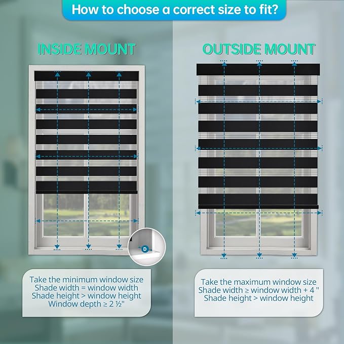 Motorized Zebra Blinds, Solar Powered Dual Layer Automatic Shades with Remote Control, Rechargeable Smart Blinds Horizontal Wireless Electric Shades for Windows, Custom Size, Black,48 x 72
