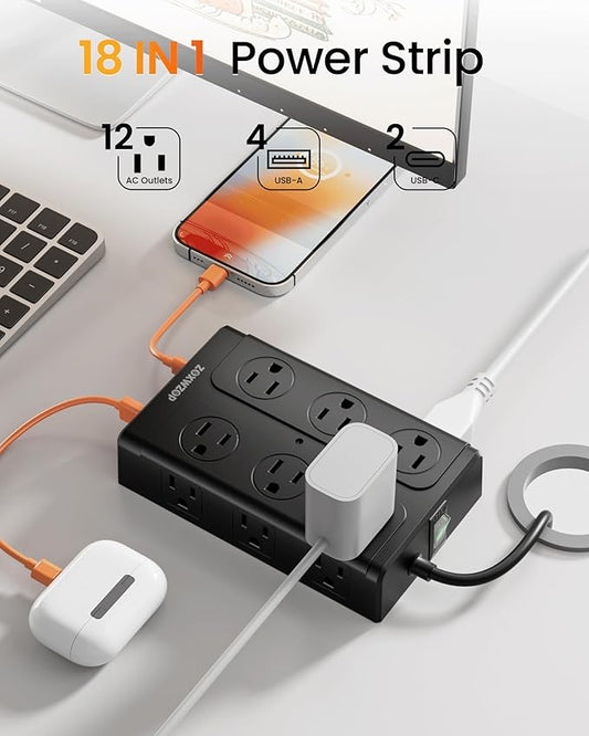 Zoxwzop Surge Protector Power Strip - 12 Outlets(1850W/15A) 6 USB Ports(2 USB C, 6FT Flat Plug Extension Cord, Wall Mount Multi Plug Outlet Extender, ETL Listed for Home, Dorm Room