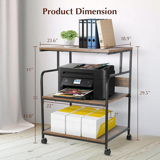 GCCSJ Large Printer Stand,3 Tier Printer Cart with Adjustable Storage Shelf,23.6 x18.9 x 29.5 inches Printer Stand for Home Office, Stands for Heat Press Scanner Fax, Industrial Style, Brown