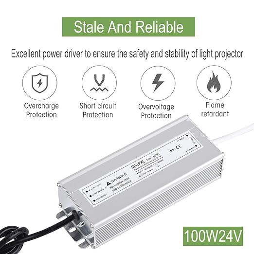 LED Driver 100 Watts 24V DC Low Voltage Transformer, Waterproof IP67 LED Power Supply, Adapter with 3-Prong Plug 3.3 Feet Cable for Any 24V DC led Lights, Computer Project, Outdoor Light