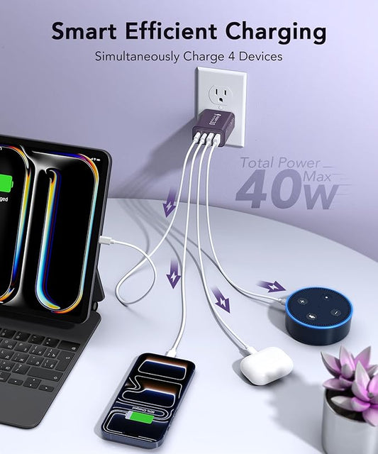 40W USB C Charger Block, 2-Pack 4-Port Type C Fast Charging Brick Dual PD&QC Wall Plug Adapter Power Brick for iPhone 13/14/15/16/17 Pro Max Plus/iPad/Airpods/iwatch/Samsung Galaxy (Purple)
