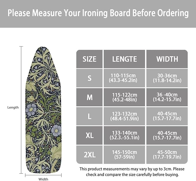 ZCFYGDX William Morris Prints Ironing Board Cover with Elastic Edge 3 Bottom Nylon Buckle Straps Breathable Resist Scorch Staining Suitable for Size-M Iron Board House Oil Paintings Art Decor