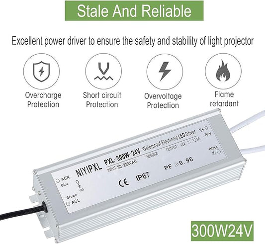 LED Driver 300 Watts(150W X2) 24V DC Transformer, Waterproof IP67 Power Supply, 24V DC Low Voltage Output Adapter with 3-Prong Plug 3.3 Feet Cable for LED Light, Computer Project, Outdoor Light