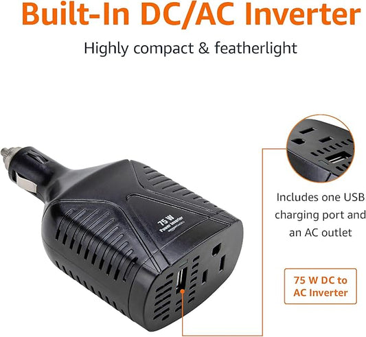 Amazon Basics 75W Car Power Inverter 12V to 110V for Vehicles, Black, 5.07 x 2.65 x 1.6 inches
