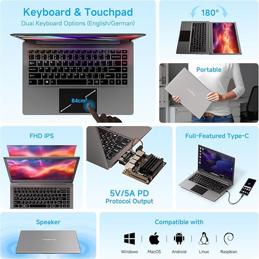 ELECROW Portable Monitor with Keyboard, 14 Inch Lapdock Display with Built-in Battery, 1080P FHD USB C Monitors with RPi5 & Jetson Adapters Compatible with Raspberry Pi, PC, Phone, Mac, Game Console